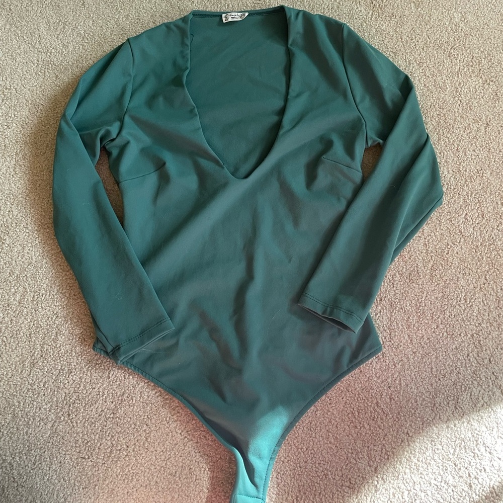 Dark Green Free People plunge neck long sleeve bodysuit